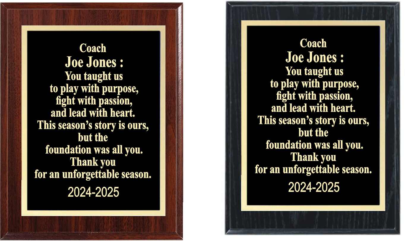 Engraved 7x9 wooden plaqe with brass plate